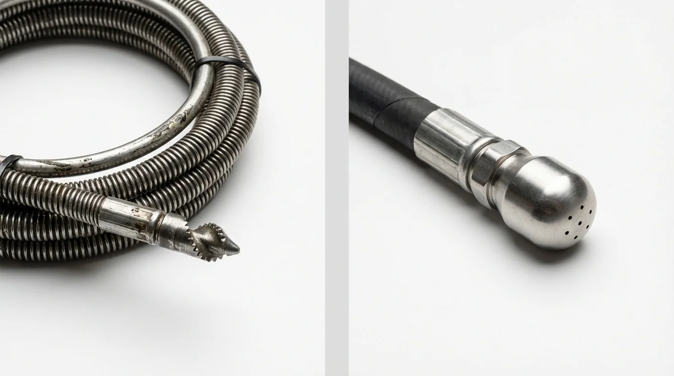 Drain snake cable and hydro jetting nozzle used for drain cleaning in West Branch, IA