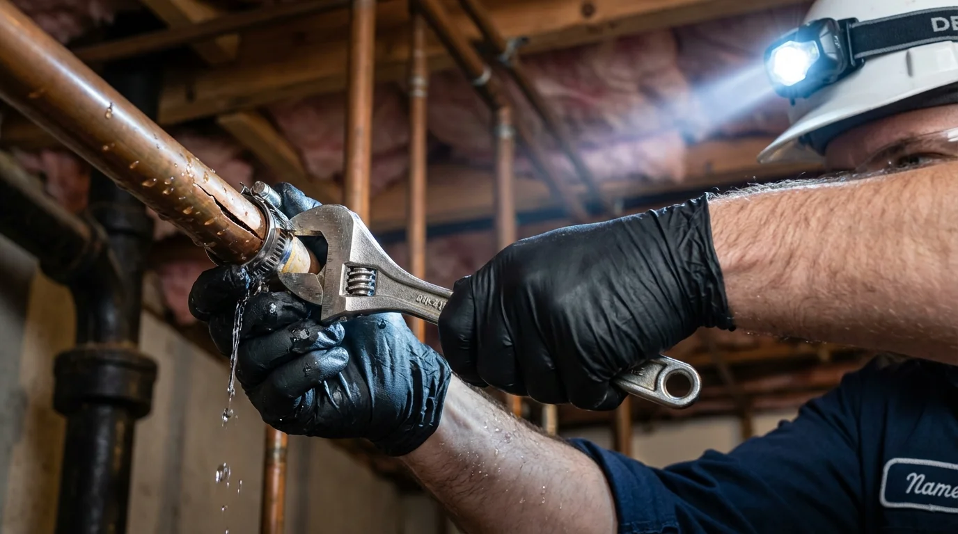 Emergency pipe clamp repair being performed by a Johns Plumbing LLC plumber in West Branch