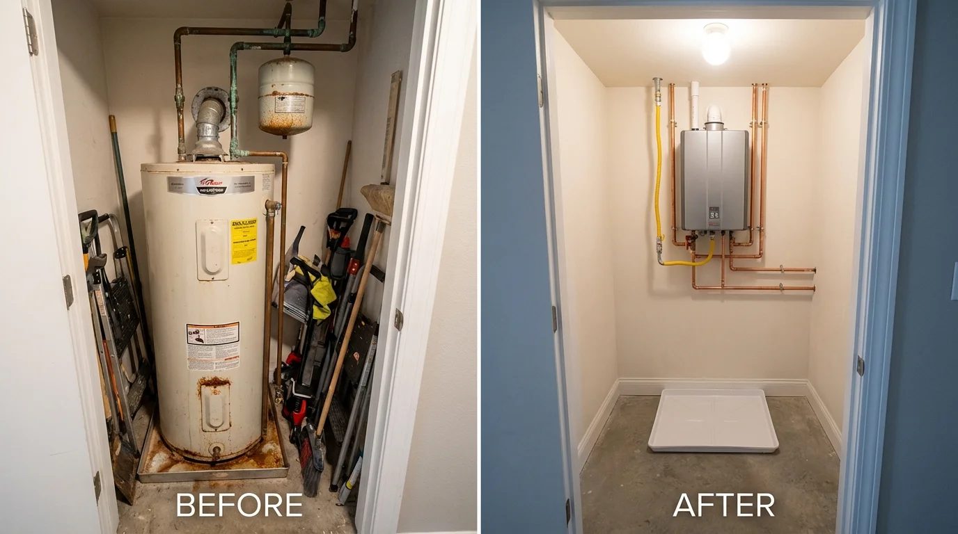 Tank water heater versus wall-mounted tankless unit comparison for West Branch, IA homeowners