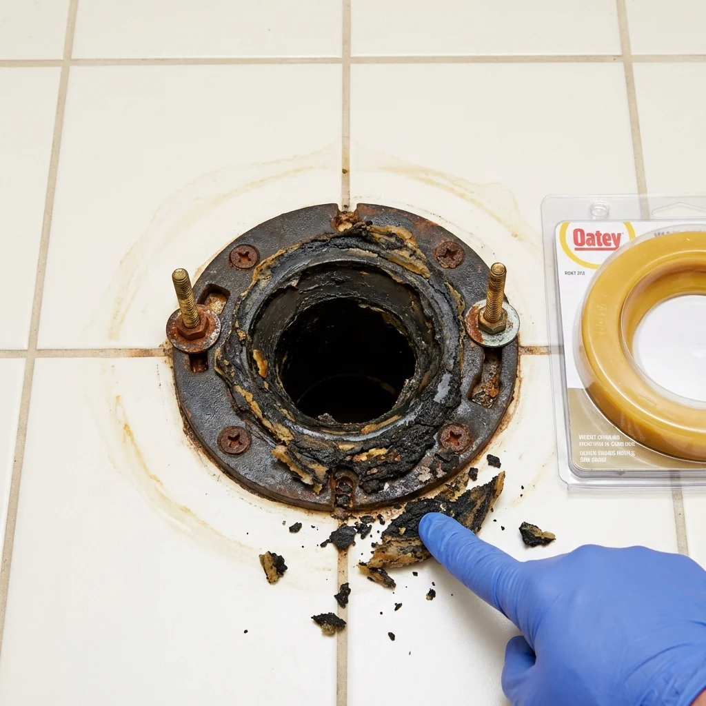 Failed wax ring showing water seepage at the base of a toilet in a West Branch, IA home