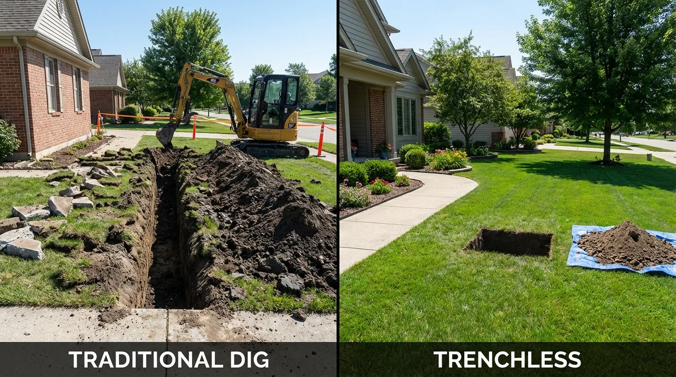 Trenchless sewer repair with minimal yard damage versus traditional excavation in West Branch, IA