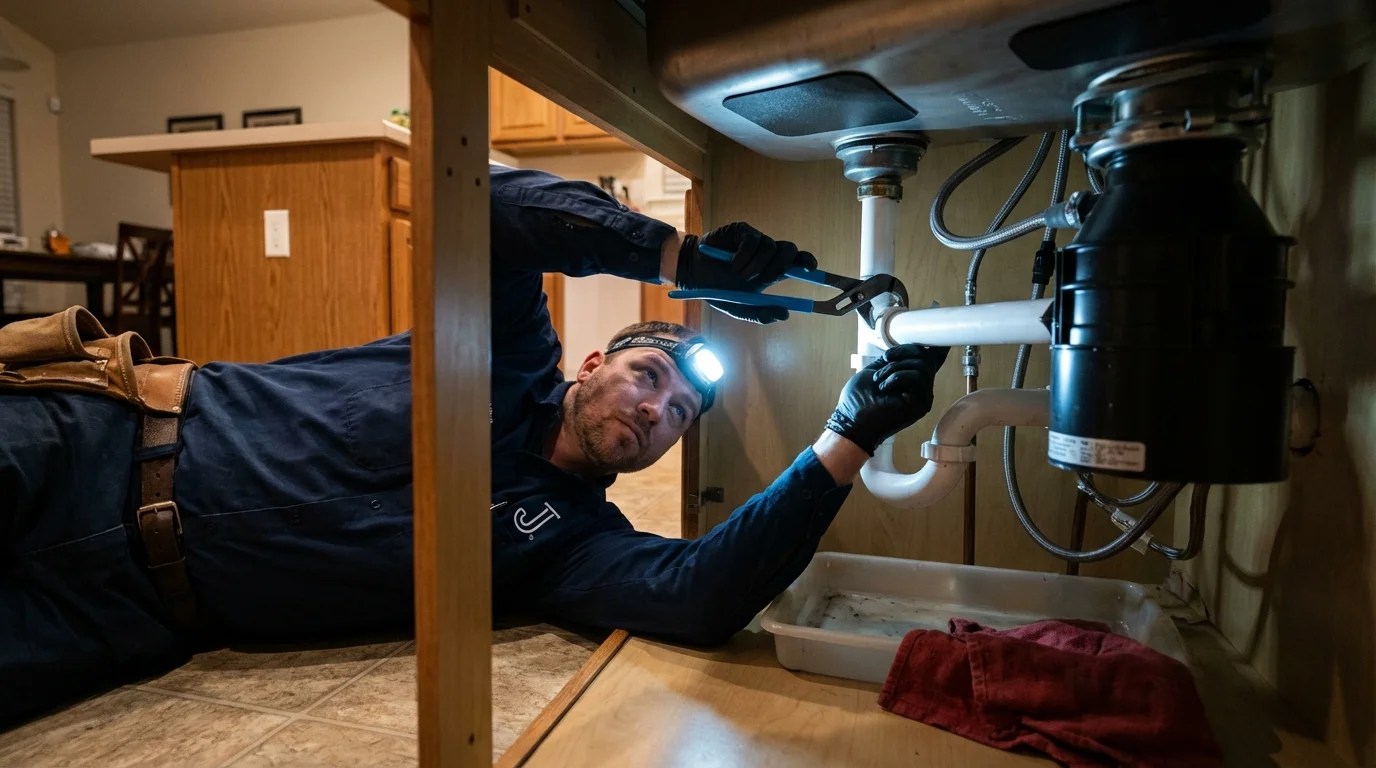 P-trap and supply line connections under a kitchen sink showing a common leak point in West Branch, IA